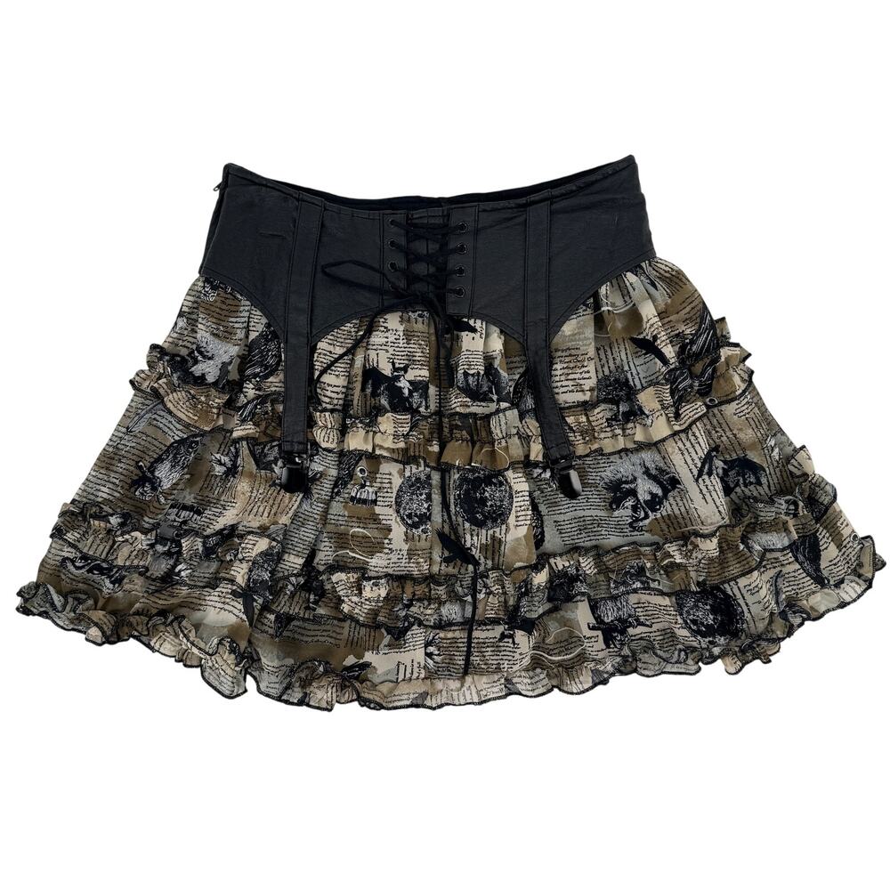 Spin Doctor Gothic Tiered Ruffle Skirt Sz XS Corset Garter Owl Raven Wolf Print
